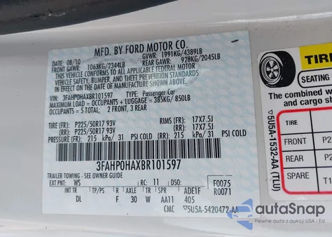 2011 Ford Fusion Se из США, поврежденный, VIN 3FAHP0HAXBR101597